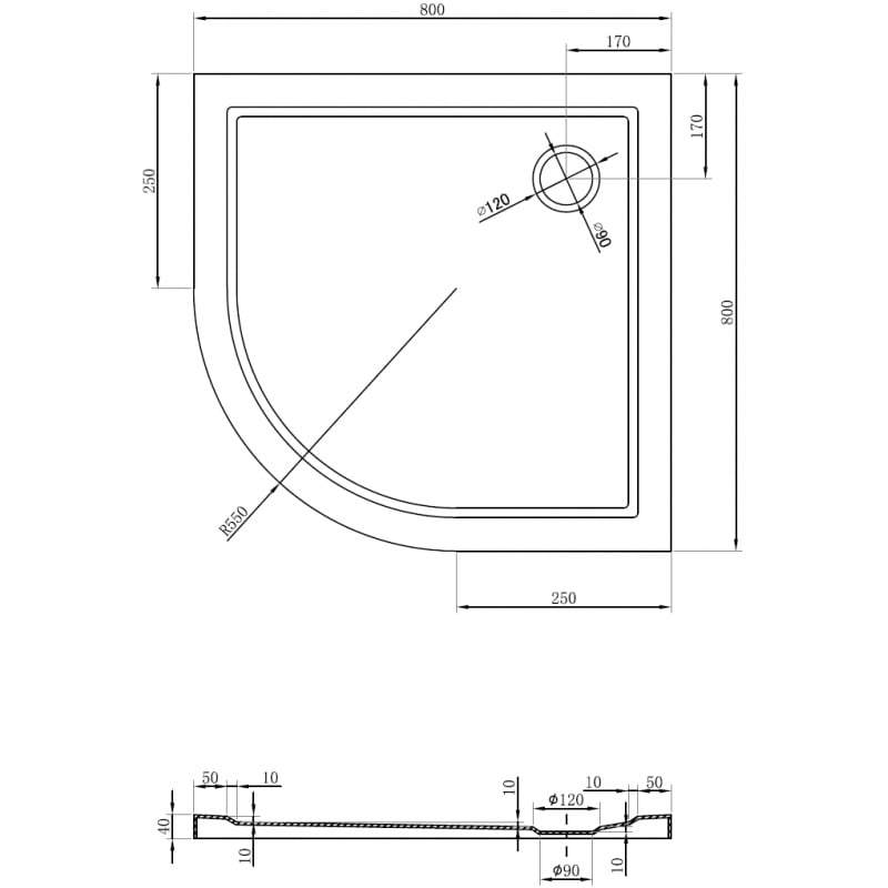Mexen Flow brodzik półokrągły slim 80 x 80 cm, czarny mat - 46Q708080