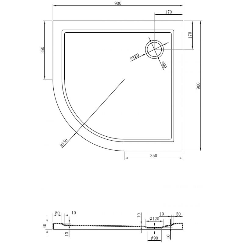 Mexen Flow receveur de douche semi-circulaire slim 90 x 90 cm, noir mat - 46Q709090