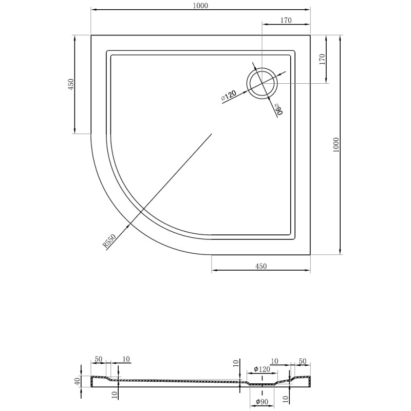 Mexen Flow brodzik półokrągły slim 100 x 100 cm, czarny mat - 46Q701010