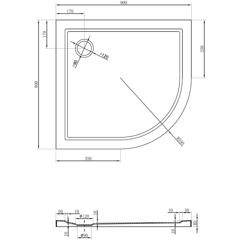 Mexen Flow asümmeetriline õhuke vasakpoolne poolringikujuline dušialus 90 x 80 cm, must matt - 46Q708090L