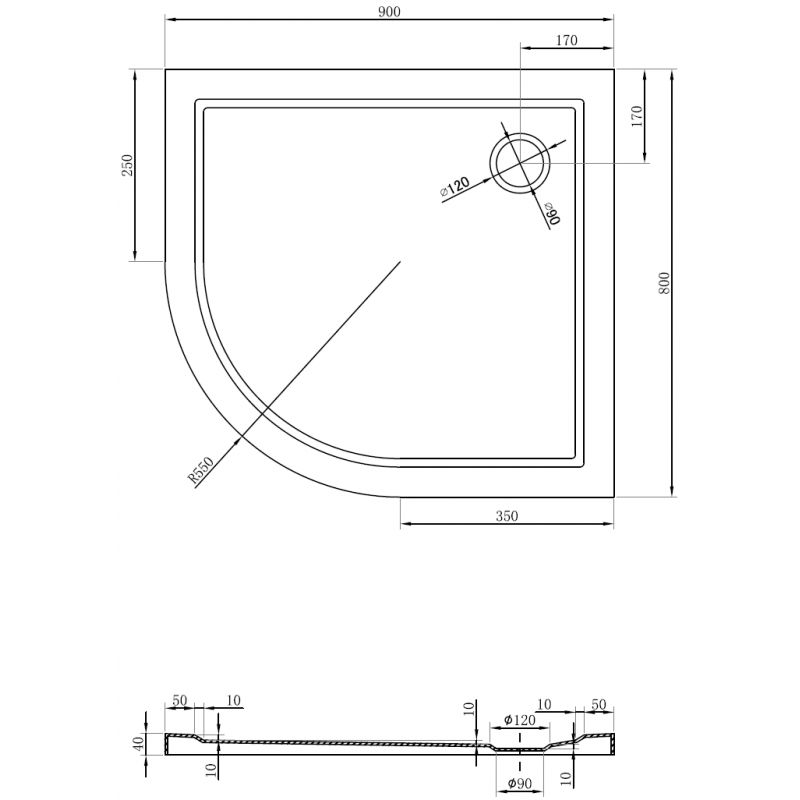 Mexen Flow base de duche semicircular assimétrica slim direita 90 x 80 cm, preto mate - 46Q708090R