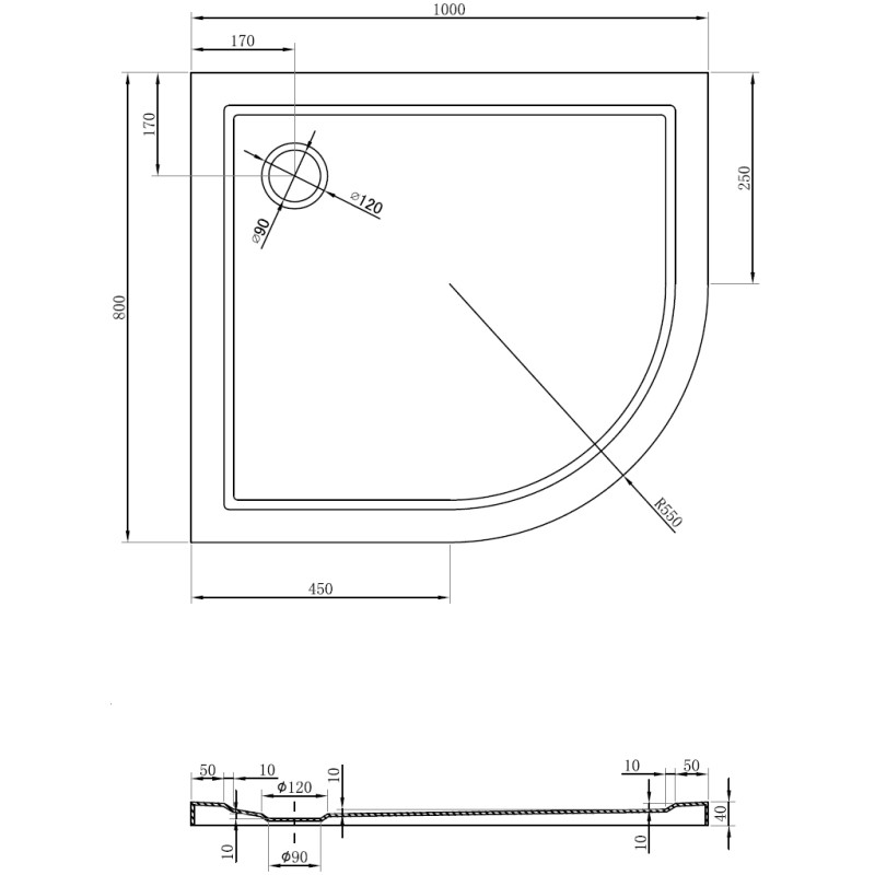 Mexen Flow dušialuse poolringikujuline asümmeetriline slim vasak 100 x 80 cm, must matt - 46Q708010L