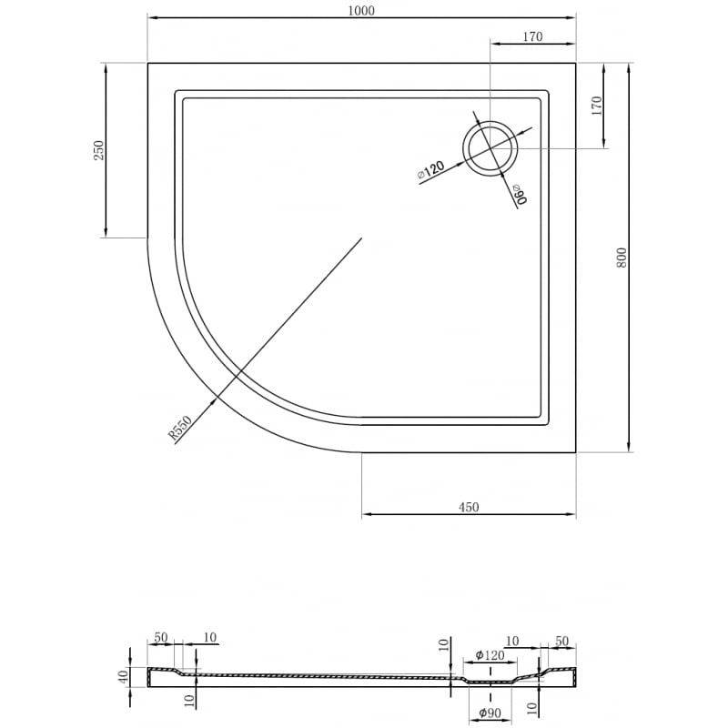 Mexen Flow puoliympyrän muotoinen epäsymmetrinen slim oikea suihkualusta 100 x 80 cm, musta matta - 46Q708010R