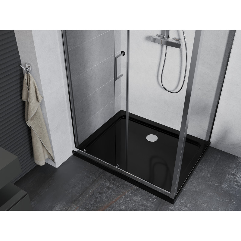 Mexen Apia Schiebetür-Duschkabine 130 x 90 cm, transparent, Chrom + Flat Duschwanne, schwarz - 840-130-090-01-00-4070