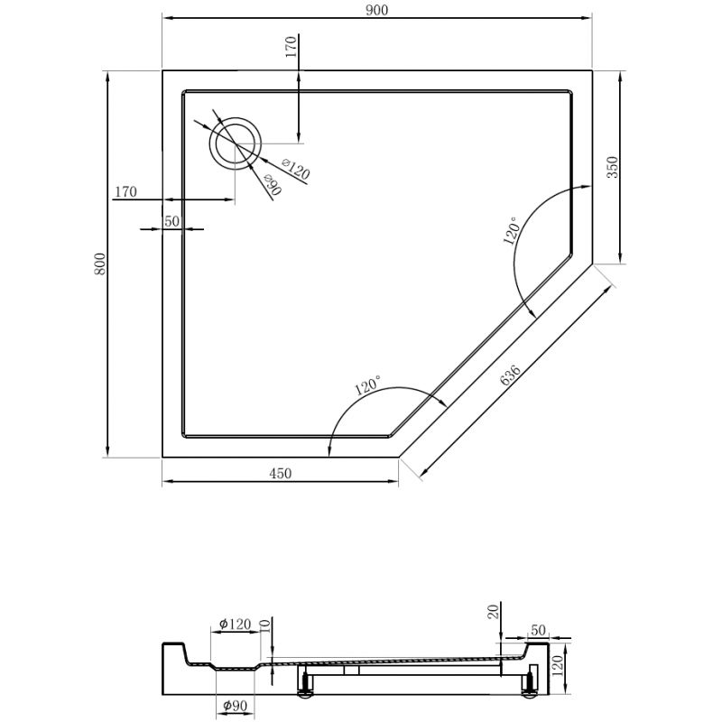 Mexen Flow+ fënnefeckegen Douchebecken lénks 90 x 80 cm, wäiss Glanz - 46P108090LH