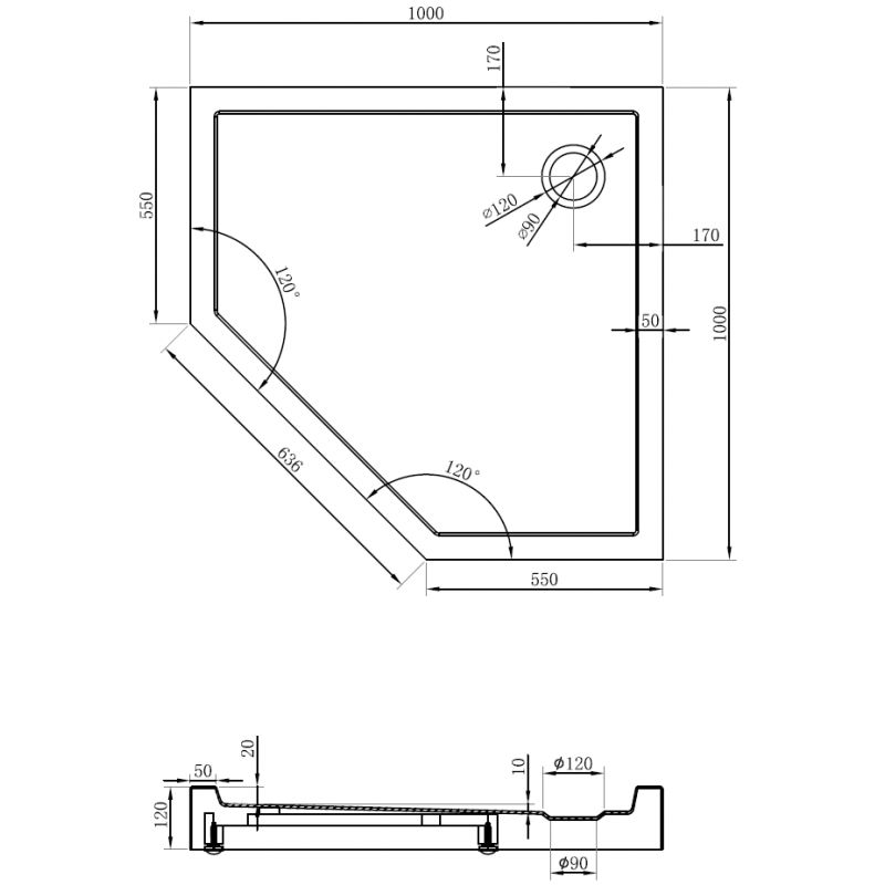 Mexen Flow+ plato de ducha pentagonal 100 x 100 cm, blanco brillo - 46P101010H