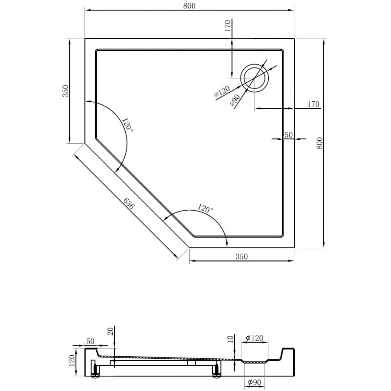 Mexen Flow+ piatto doccia pentagonale 80 x 80 cm, nero opaco - 46P708080H