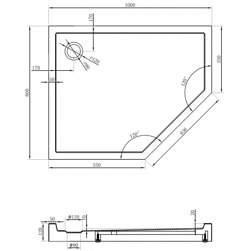 Mexen Flow+ brodzik pięciokątny lewy 80 x 100 cm, czarny mat - 46P708010LH