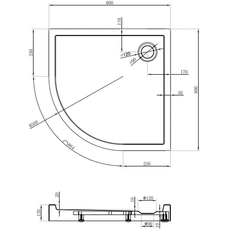 Mexen Flow+ halvrund duschkar 80 x 80 cm, svart matt - 46Q708080H