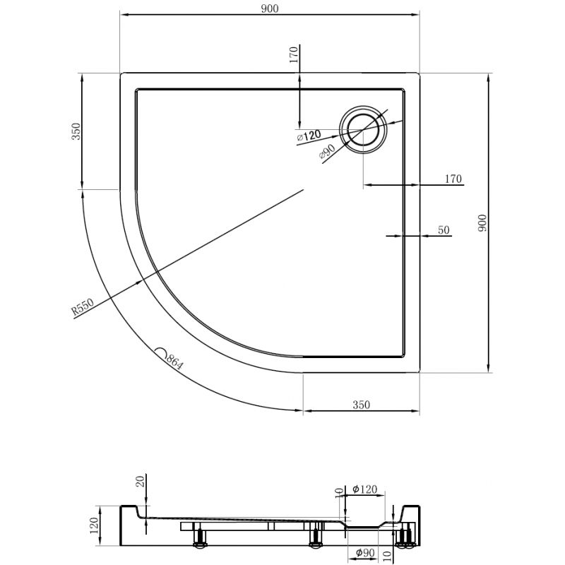 Mexen Flow+ halvcirkelformat duschkar 90 x 90 cm, vit glans - 46Q109090H