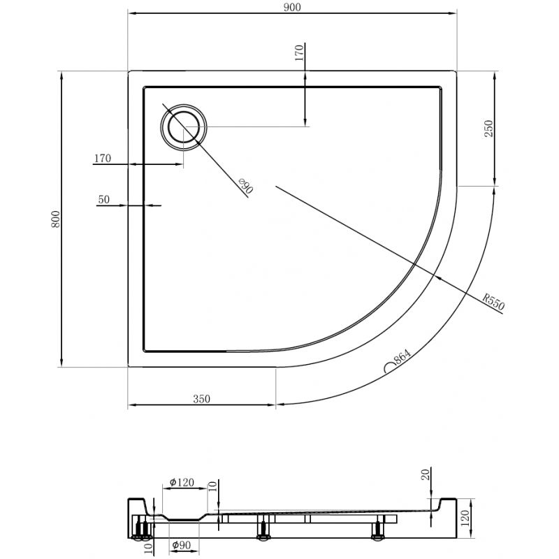 Mexen Flow+ Duschwanne halbkreisförmig asymmetrisch links 90 x 80 cm, weiß glänzend - 46Q108090LH