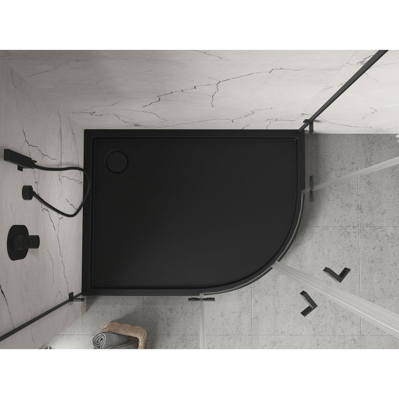 Mexen Flow+ asymmetrisk halvrund vänster duschkar 90 x 80 cm, svart matt - 46Q708090LH