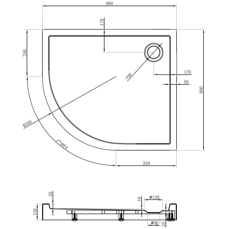 Mexen Flow+ base de duche semicircular assimétrica direita 90 x 80 cm, branco brilhante - 46Q108090RH