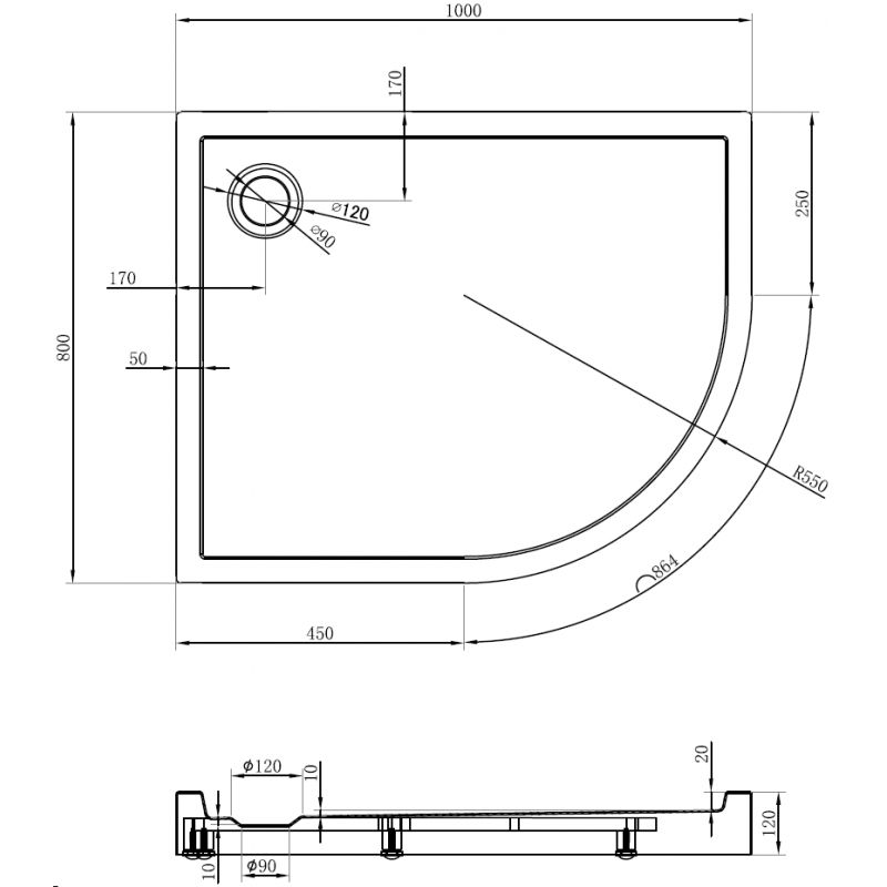 Mexen Flow+ piatto doccia semicircolare asimmetrico sinistro 100 x 80 cm, nero opaco - 46Q708010LH
