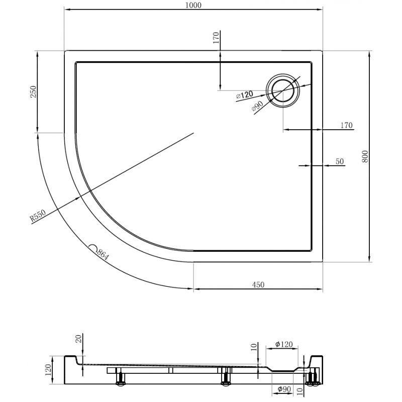 Mexen Flow+ piatto doccia semicircolare asimmetrico destro 100 x 80 cm, nero opaco - 46Q708010RH