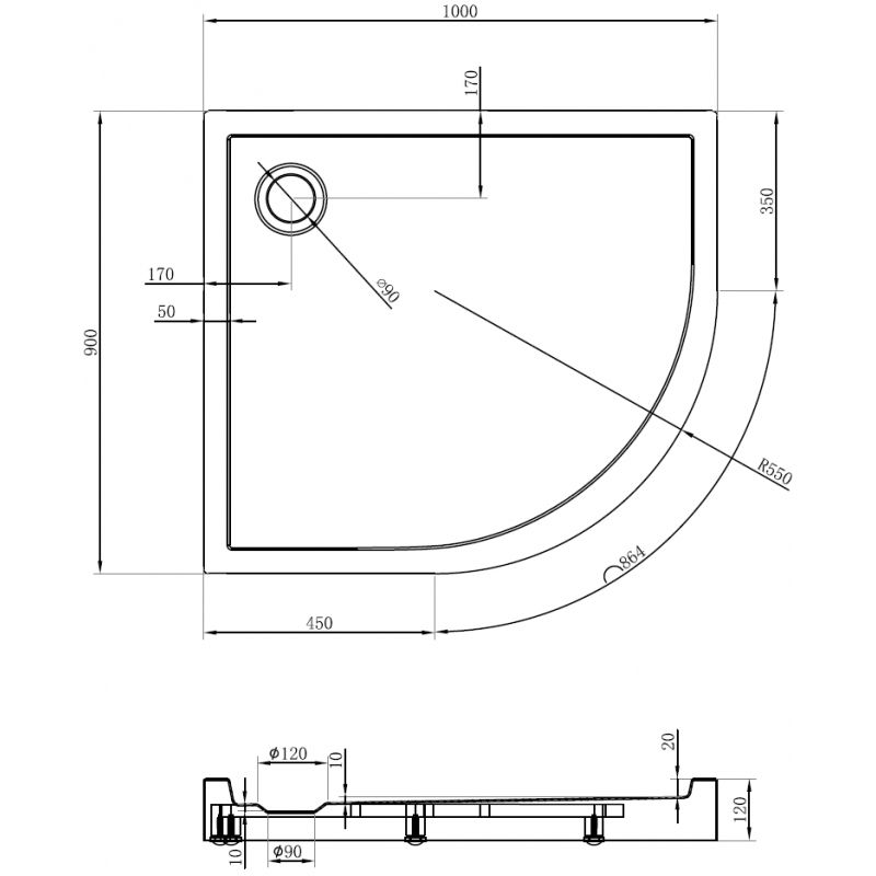 Mexen Flow+ halvcirkelformad osymmetrisk vänster duschkar 100 x 90 cm, svart matt - 46Q709010LH