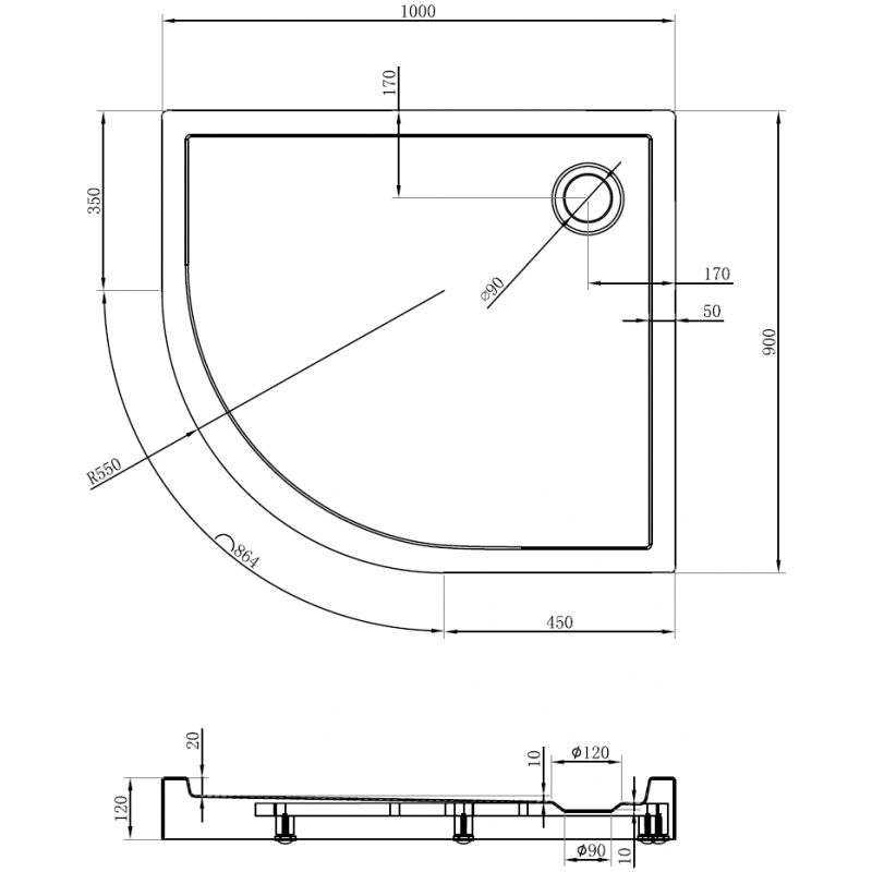 Mexen Flow+ plato de ducha semicircular asimétrico derecho 100 x 90 cm, negro mate - 46Q709010RH