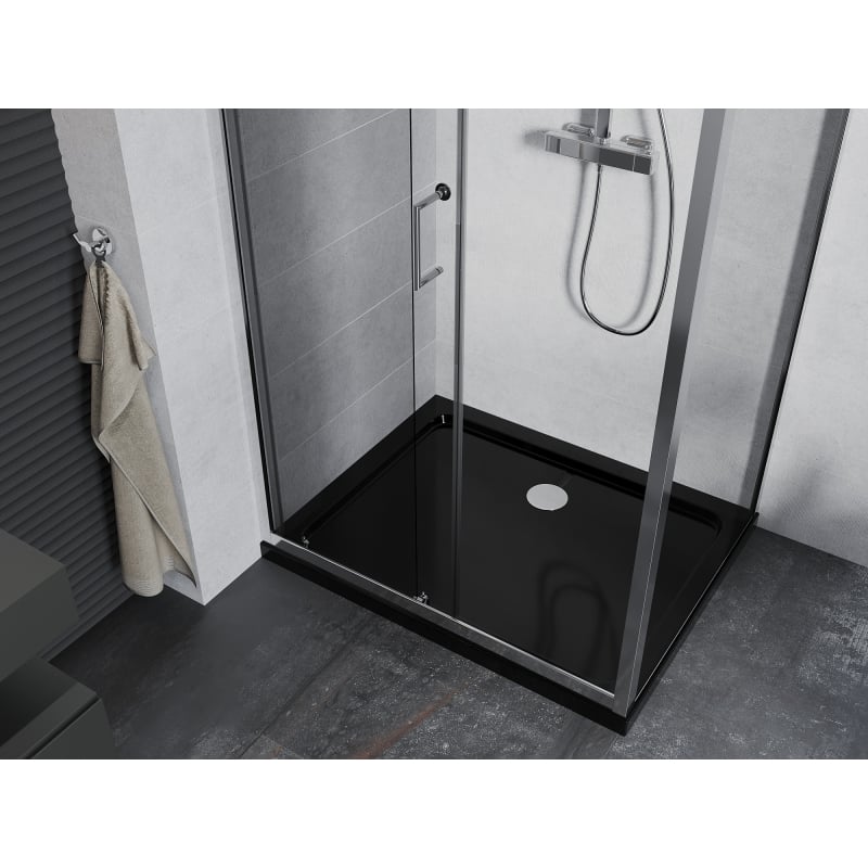 Mexen Apia schuifbare douchecabine 140 x 70 cm, transparant, chroom + Flat douchebak, zwart - 840-140-070-01-00-4070