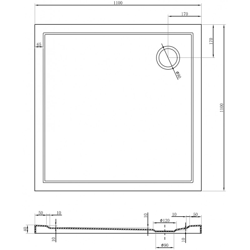 Mexen Flow brodzik kwadratowy slim 110 x 110 cm, czarny mat - 46S701111