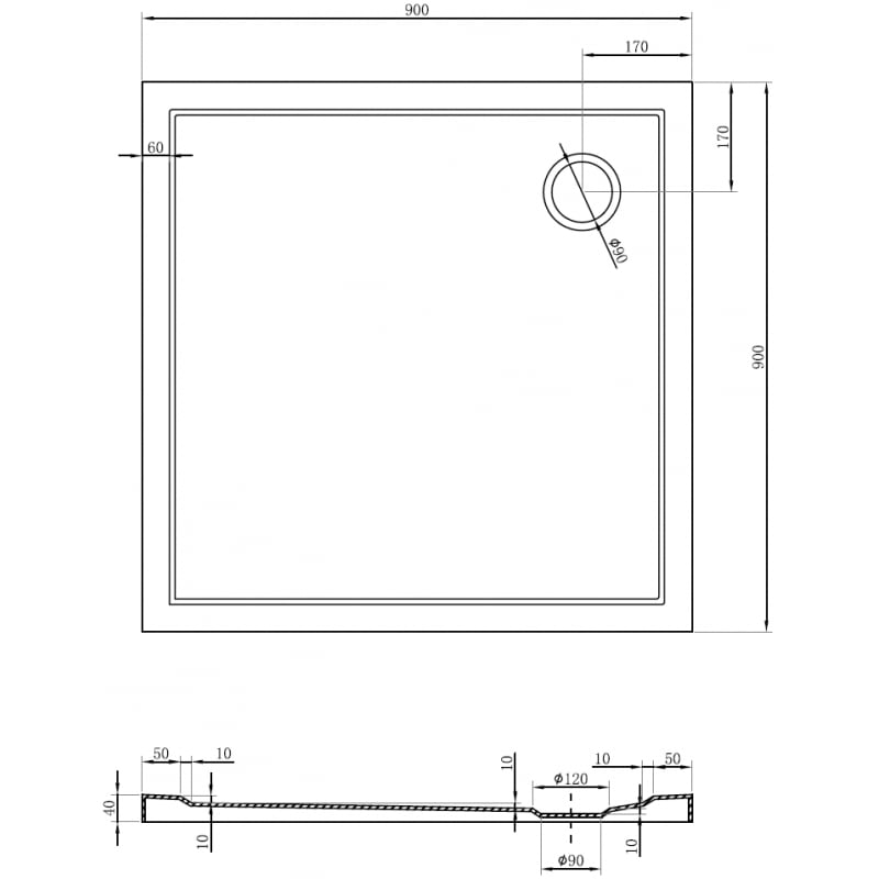 Mexen Flow brodzik kwadratowy slim 90 x 90 cm, czarny mat - 46S709090