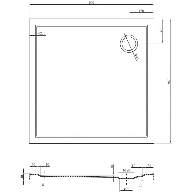 Mexen Flow brodzik kwadratowy slim 95 x 95 cm, czarny mat - 46S709595