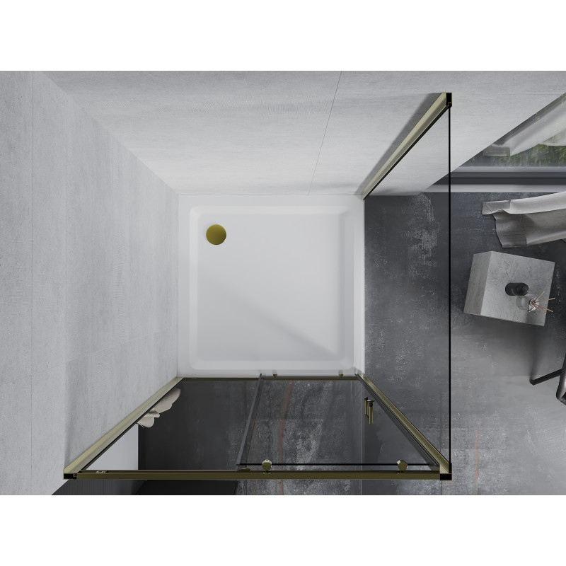 Mexen Apia cabine de douche coulissante 90 x 90 cm, transparent, doré + receveur Flat, blanc - 840-090-090-50-00-4010G