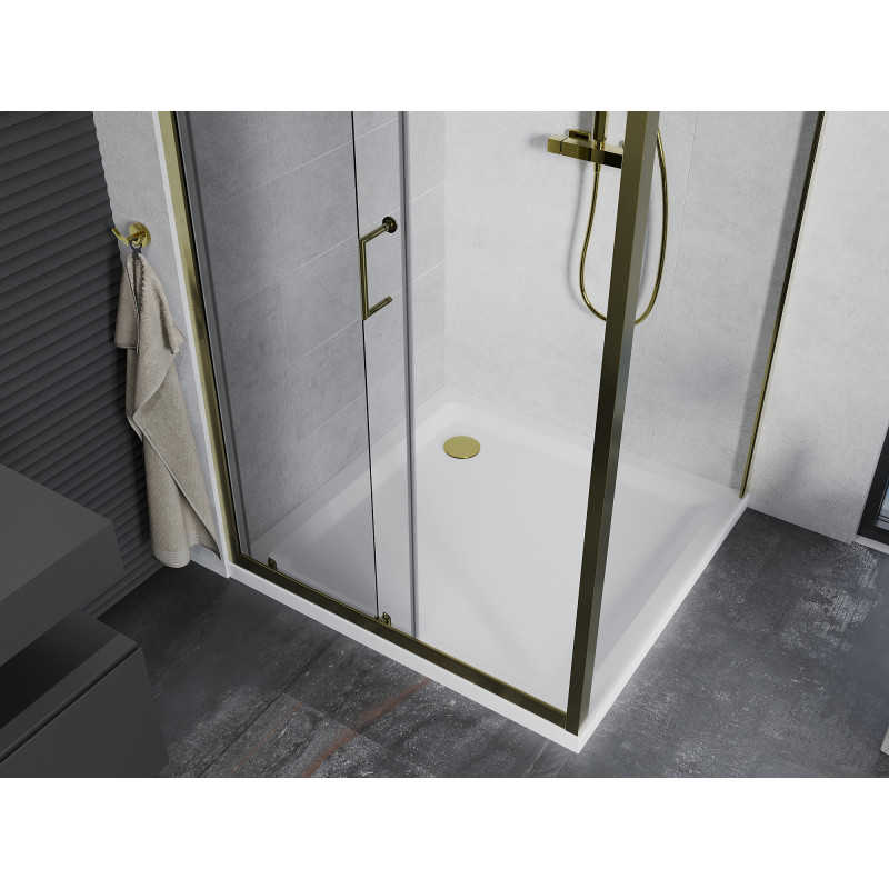Mexen Apia cabine de douche coulissante 90 x 90 cm, transparent, doré + receveur Flat, blanc - 840-090-090-50-00-4010G