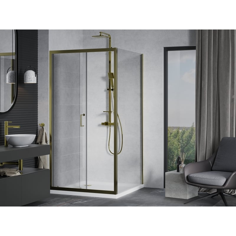 Mexen Apia liuguksega dušikabiin 90 x 90 cm, läbipaistev, kuldne + Flat dušialus, valge - 840-090-090-50-00-4010G