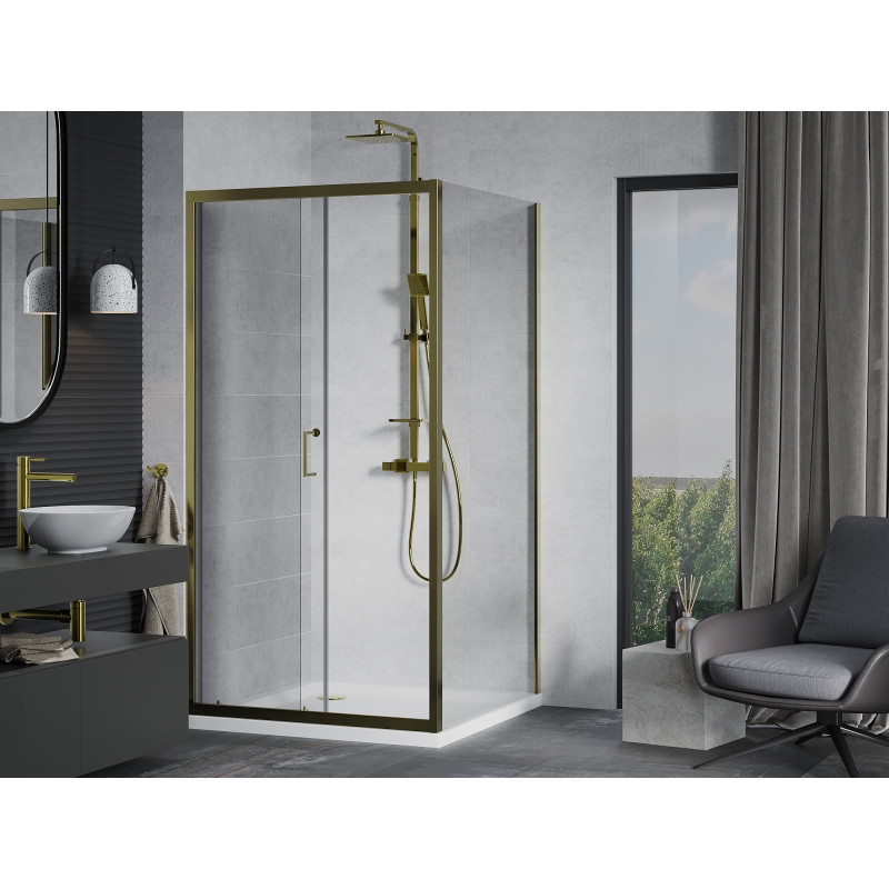 Mexen Apia schuifbare douchecabine 90 x 90 cm, transparant, goud + Flat douchebak, wit - 840-090-090-50-00-4010G