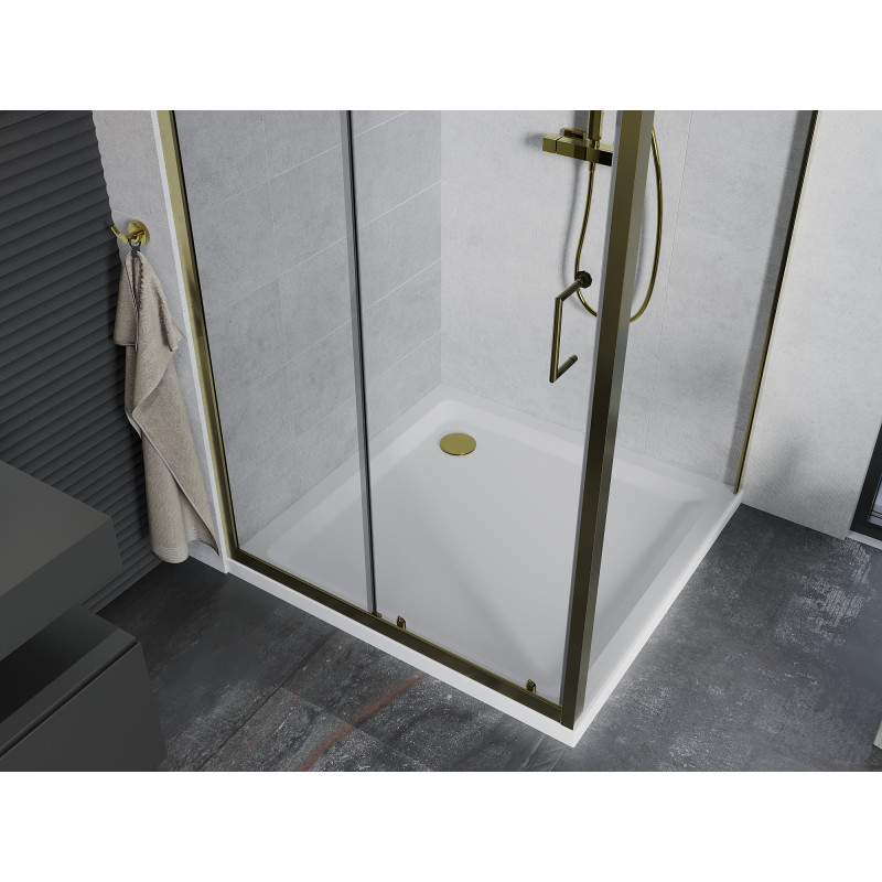 Mexen Apia Schiebeduschkabine 90 x 90 cm, transparent, gold + Flat Duschwanne, weiß - 840-090-090-50-00-4010G
