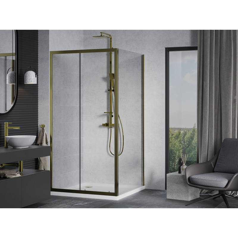 Mexen Apia schuifbare douchecabine 90 x 90 cm, transparant, goud + Flat douchebak, wit - 840-090-090-50-00-4010G