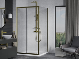 Mexen Apia cabine de douche coulissante 90 x 90 cm, transparente, dorée + receveur Flat, blanc - 840-090-090-50-00-4010G