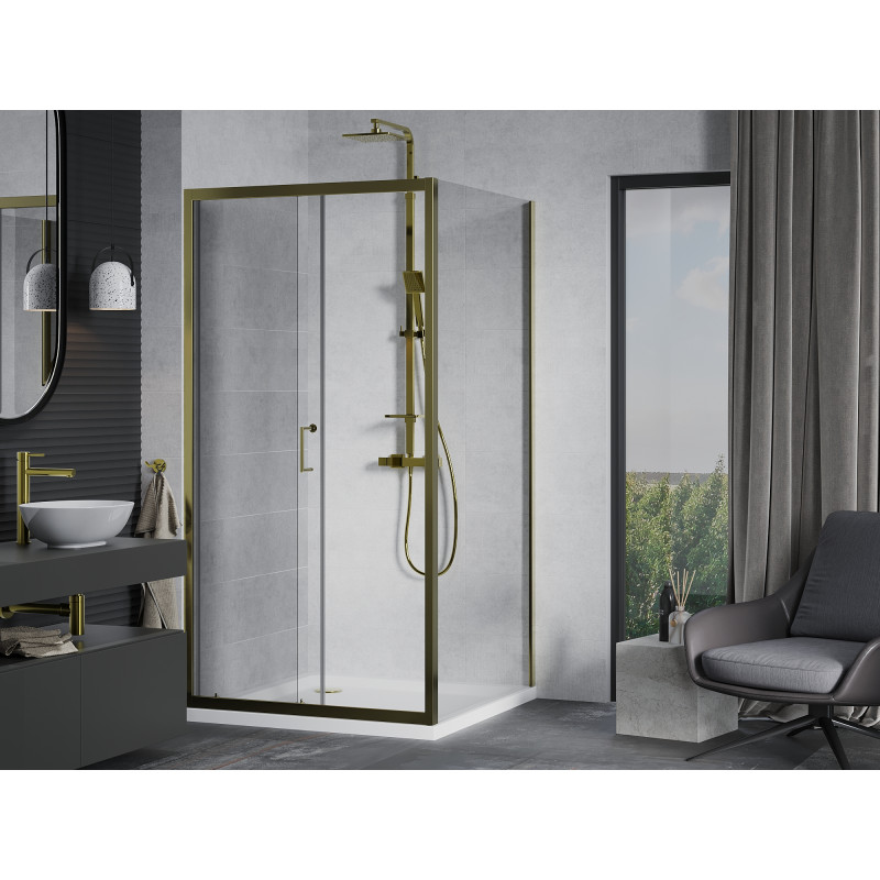 Mexen Apia cabine de douche coulissante 100 x 100 cm, transparent, or + receveur Flat, blanc - 840-100-100-50-00-4010G