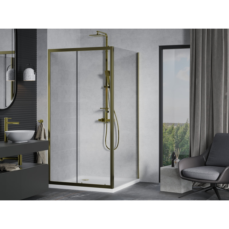 Mexen Apia Schiebeduschkabine 100 x 100 cm, transparent, gold + Flat-Duschwanne, weiß - 840-100-100-50-00-4010G
