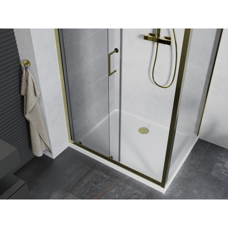 Mexen Apia Schiebeduschkabine 120 x 90 cm, transparent, golden + Duschwanne Flat, weiß - 840-120-090-50-00-4010G