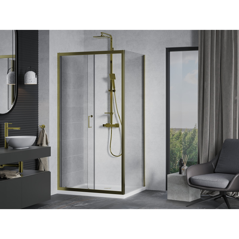 Mexen Apia Einzelschiebeduschkabine 130 x 70 cm, transparent, gold + Duschwanne Flat, weiß - 840-130-070-50-00-4010G