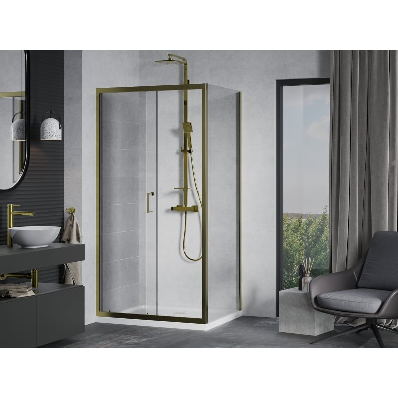 Mexen Apia Schiebetür-Duschkabine 130 x 80 cm, transparent, gold + Duschtasse Flat, weiß - 840-130-080-50-00-4010G