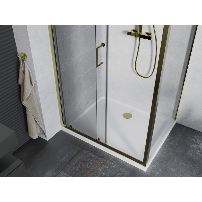 Mexen Apia sliding shower cabin 130 x 90 cm, transparent, gold + Flat shower tray, white - 840-130-090-50-00-4010G