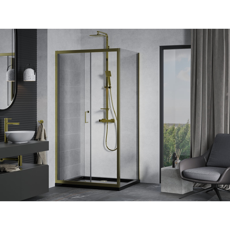 Mexen Apia cabina de ducha corredera 90 x 70 cm, transparente, dorada + bandeja plana, negra - 840-090-070-50-00-4070G