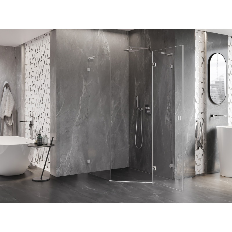 Mexen Lunar L viiekandiline parempoolne hingedega dušinurk 90 x 100 cm, läbipaistev, kroom - 831L-090P-100L-01-00-P