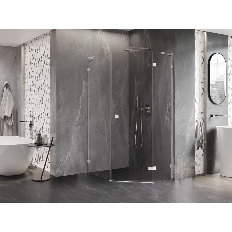 Mexen Lunar L viiekandiline parempoolne hingedega dušinurk 90 x 100 cm, läbipaistev, kroom - 831L-090P-100L-01-00-P