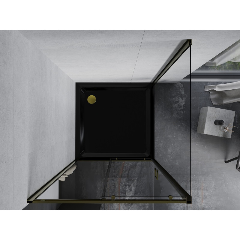 Mexen Apia klizna tuš kabina klizna 90 x 90 cm, prozirna, zlatna + plitica Flat, crna - 840-090-090-50-00-4070G
