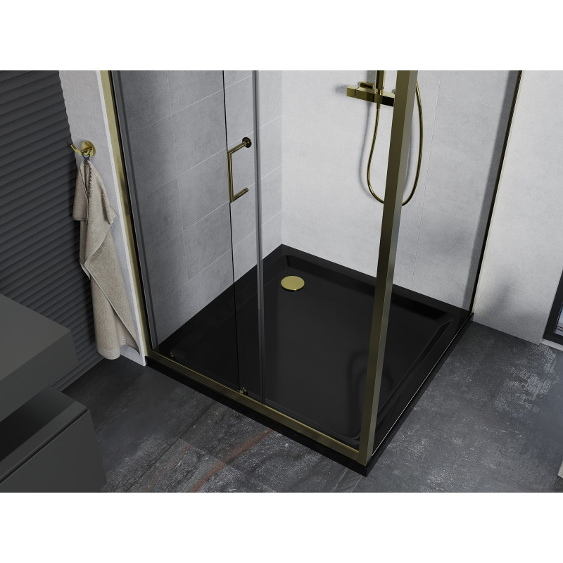 Mexen Apia klizna tuš kabina klizna 90 x 90 cm, prozirna, zlatna + plitica Flat, crna - 840-090-090-50-00-4070G