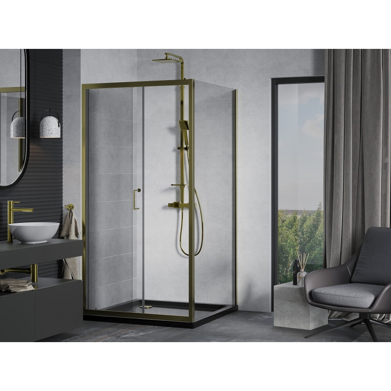 Mexen Apia klizna tuš kabina klizna 90 x 90 cm, prozirna, zlatna + plitica Flat, crna - 840-090-090-50-00-4070G