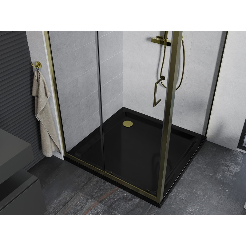 Mexen Apia klizna tuš kabina klizna 90 x 90 cm, prozirna, zlatna + plitica Flat, crna - 840-090-090-50-00-4070G