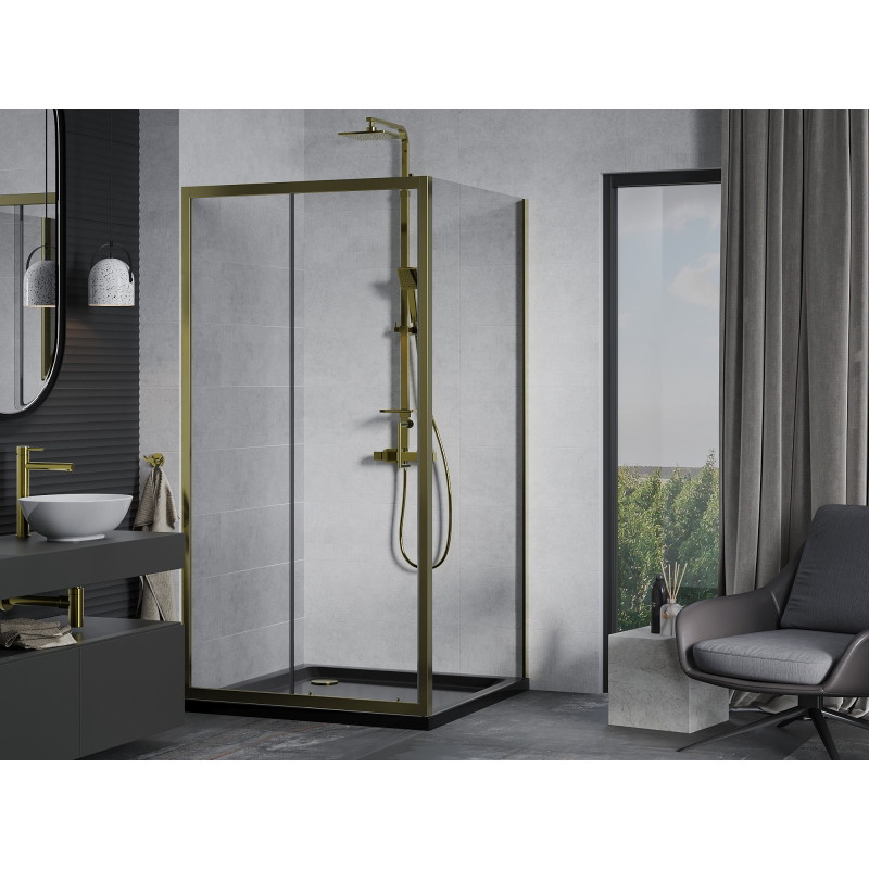 Mexen Apia klizna tuš kabina klizna 90 x 90 cm, prozirna, zlatna + plitica Flat, crna - 840-090-090-50-00-4070G