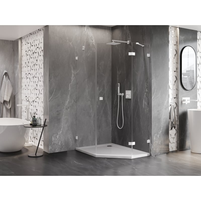 Mexen Lunar Pentagonal Right-Swing Shower Enclosure 80 x 100 cm, Transparent, White - 831-080P-100L-20-00-P