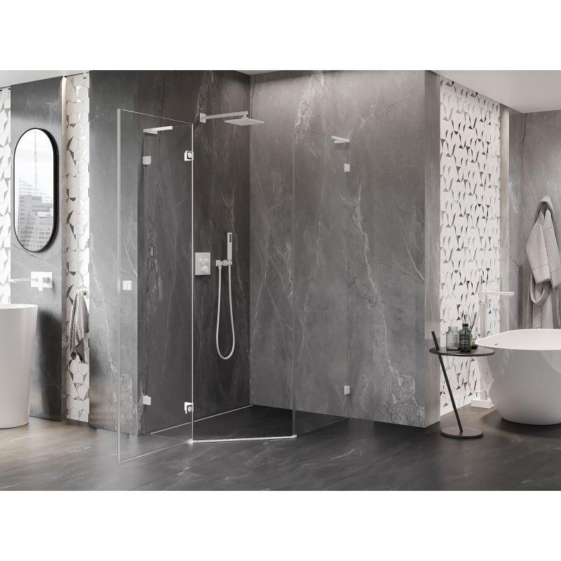 Mexen Lunar L cabina doccia pentagonale a battente sinistra 80 x 90 cm, trasparente, bianca - 831L-080L-090P-20-00-L