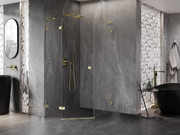 Mexen Lunar L vijfhoekige douchecabine met scharnierende linkerdeur 80 x 90 cm, transparant, goud - 831L-080L-090P-50-00-L