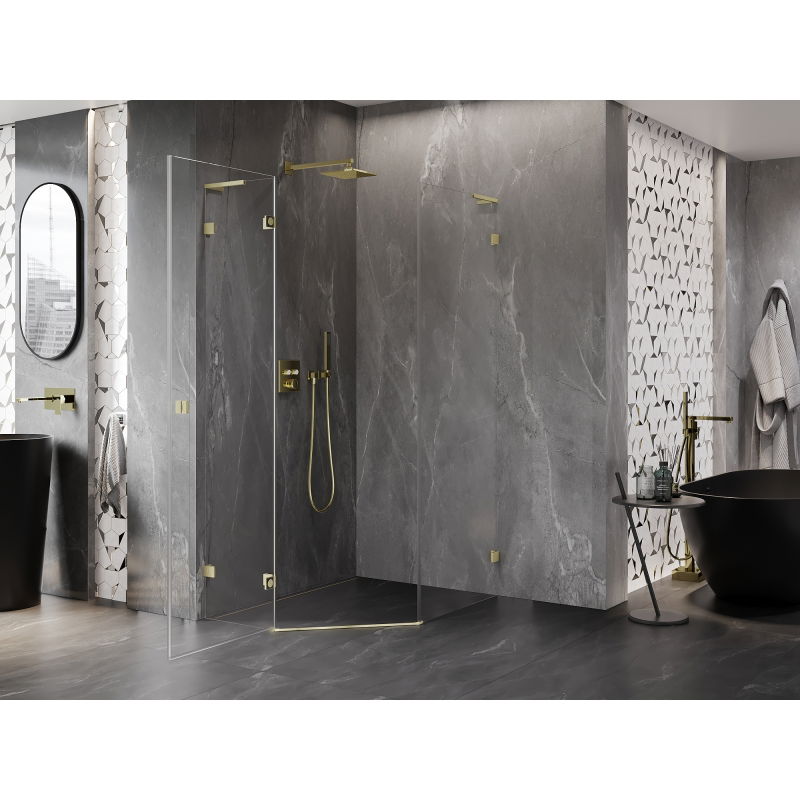 Mexen Lunar L cabina doccia pentagonale battente sinistra 80 x 90 cm, trasparente, oro spazzolato - 831L-080L-090P-55-00-L